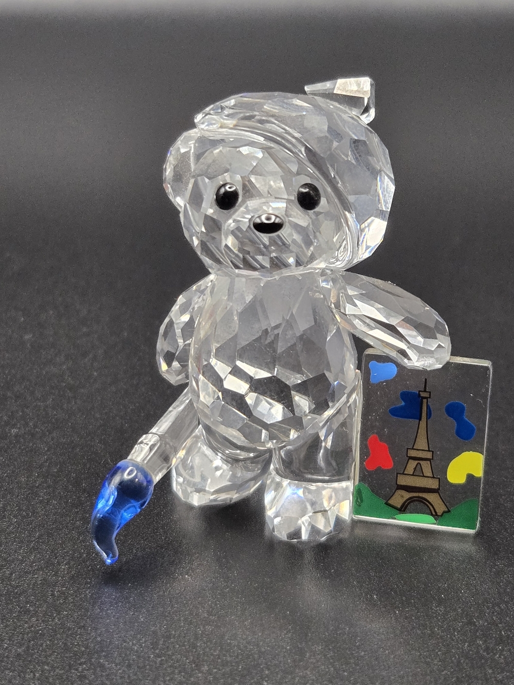 Swarovski Clear Crystal Bear with Blue Paintbrush and Multicolor Eiffel Plaque